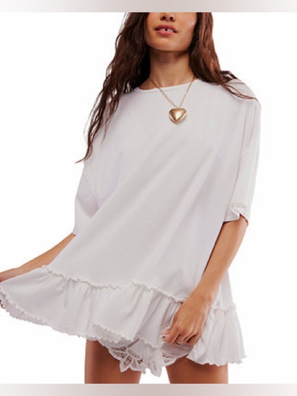 We The Free White Ruffle-Hem Short Sleeve Top oversized relaxed fit